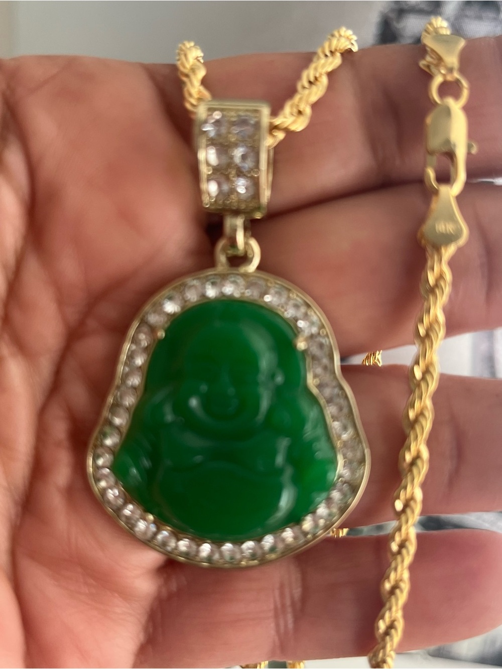 Gold-Plated Green Jade Buddha Pendant Necklace - Brand